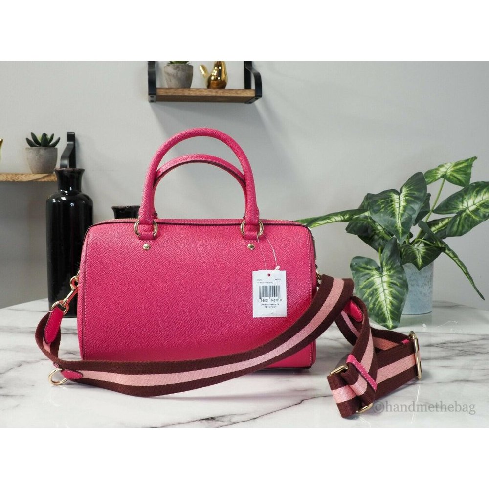 Coach Rowan Medium Bold Pink Leather Webb Strap Satchel Bag Handbag